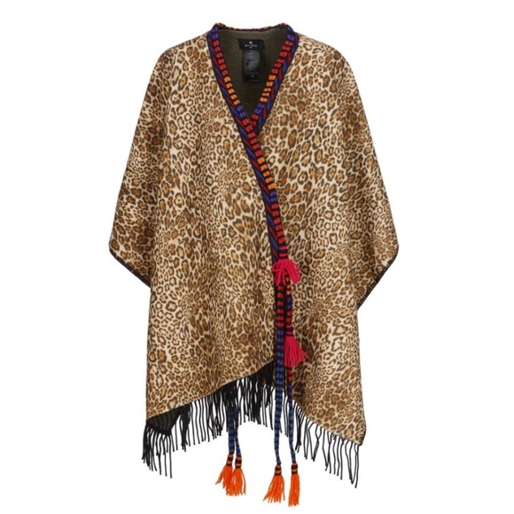 ETRO Milano wool cape / cloak - leopard print, fringe, woven edging SHOWSTOPPER - Picture 15 of 16